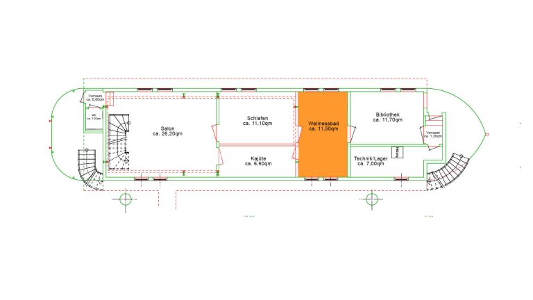 Wellness Bad im Hausboot: Glasfliesen, Rainfall Dusche, Wanne WC